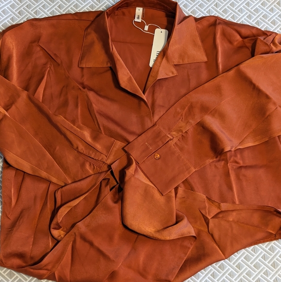 Long Sleeve Burnt Orange Tie Front Blouse - Picture 4 of 7